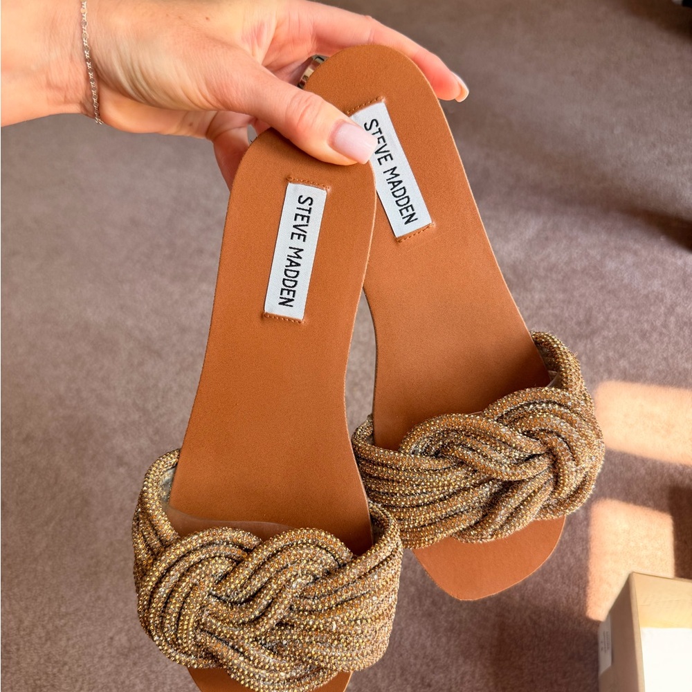 Steve Madden Gold Braided Beaded Slide Sandals
